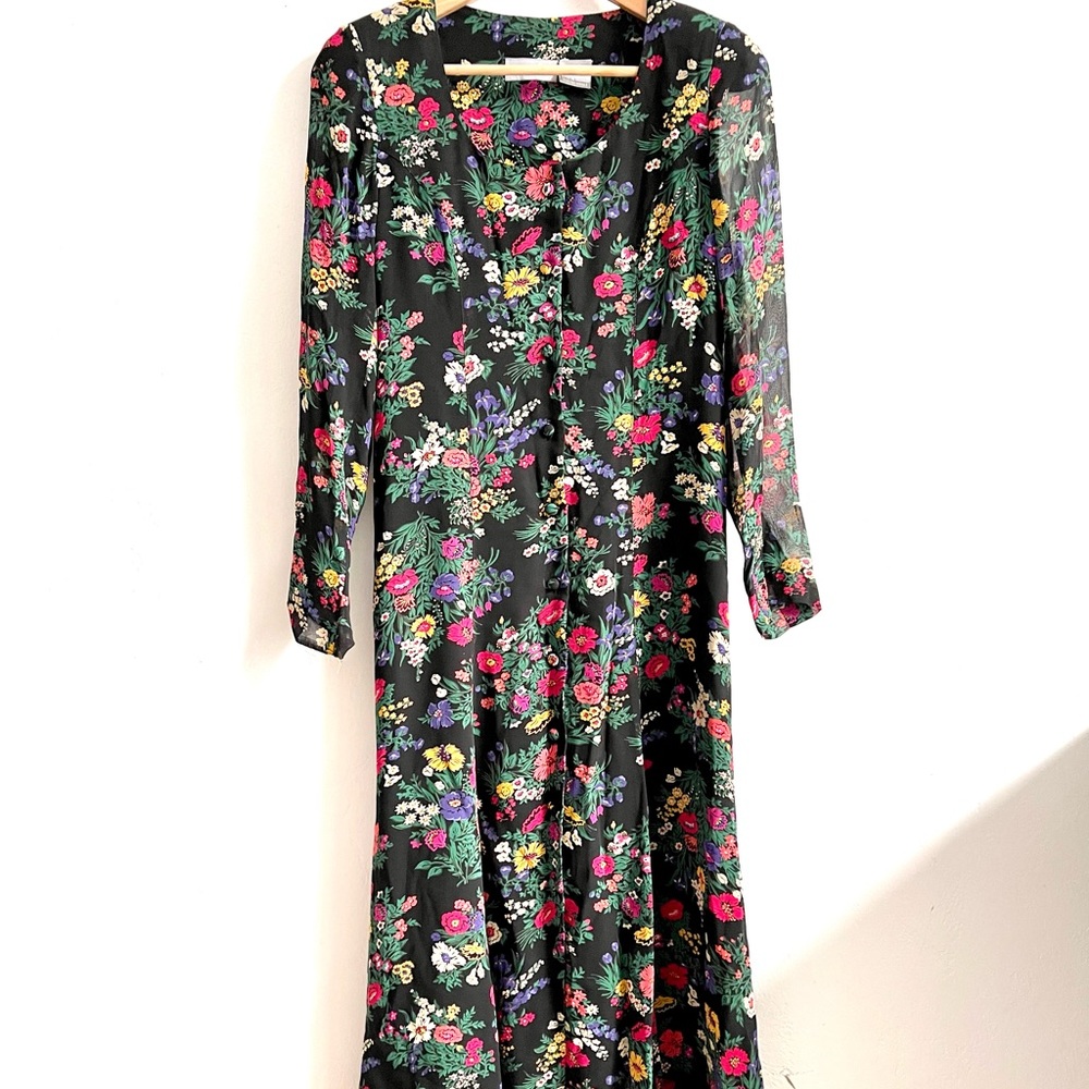 Vintage Liz Claiborne Black Floral 90s Lace Up Back Corset MIDI cottage dress